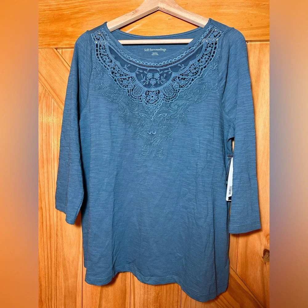 NEW Soft Surroundings Women's M Blue Boho Embroidered Lace Beaded Top Blouse $80